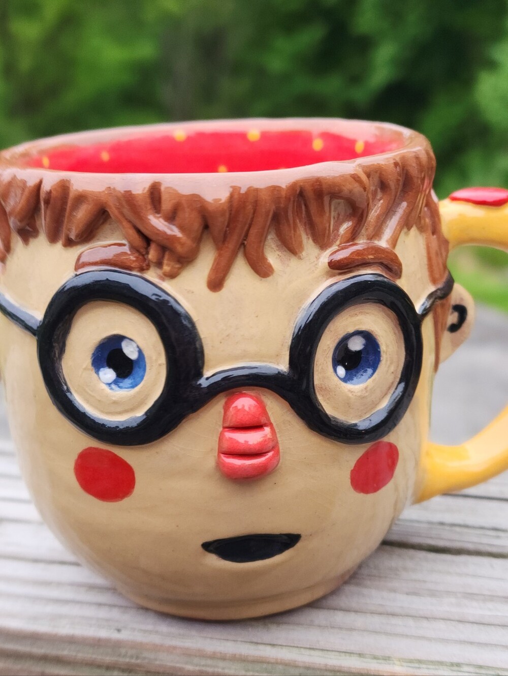Handmade Coffee Mug 3D Face Cute And Clay Signed Glasses Polka Dot One Of A Kind - Picture 3 of 6